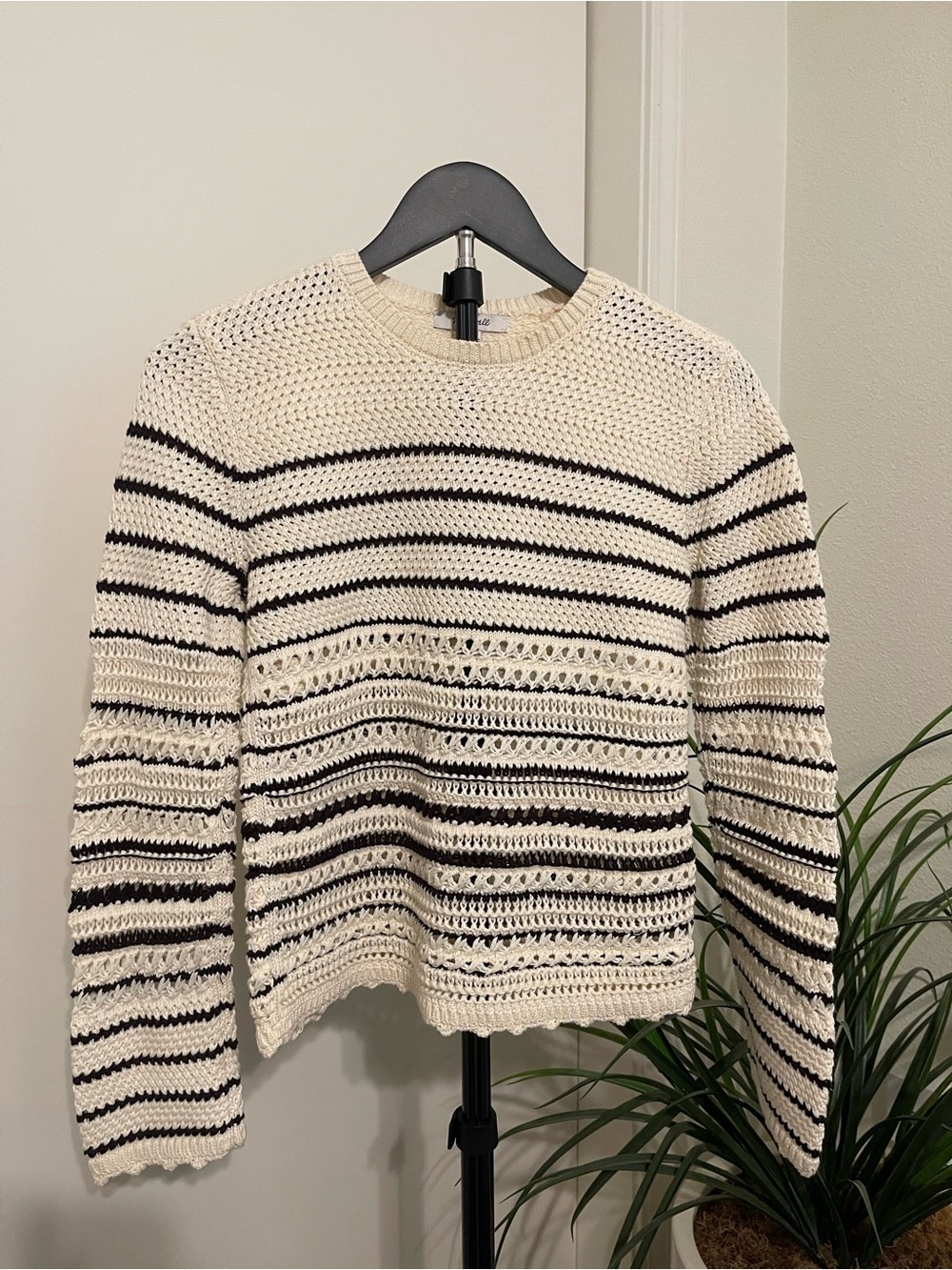 Madewell Cream, Brown and Black Striped Open-Knit Crewneck Sweater